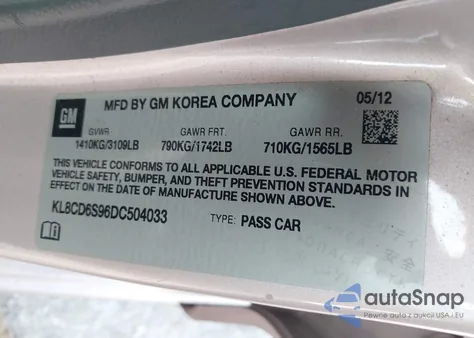 2013 Chevrolet Spark 1Lt Auto из США, поврежденный, VIN KL8CD6S96DC504033